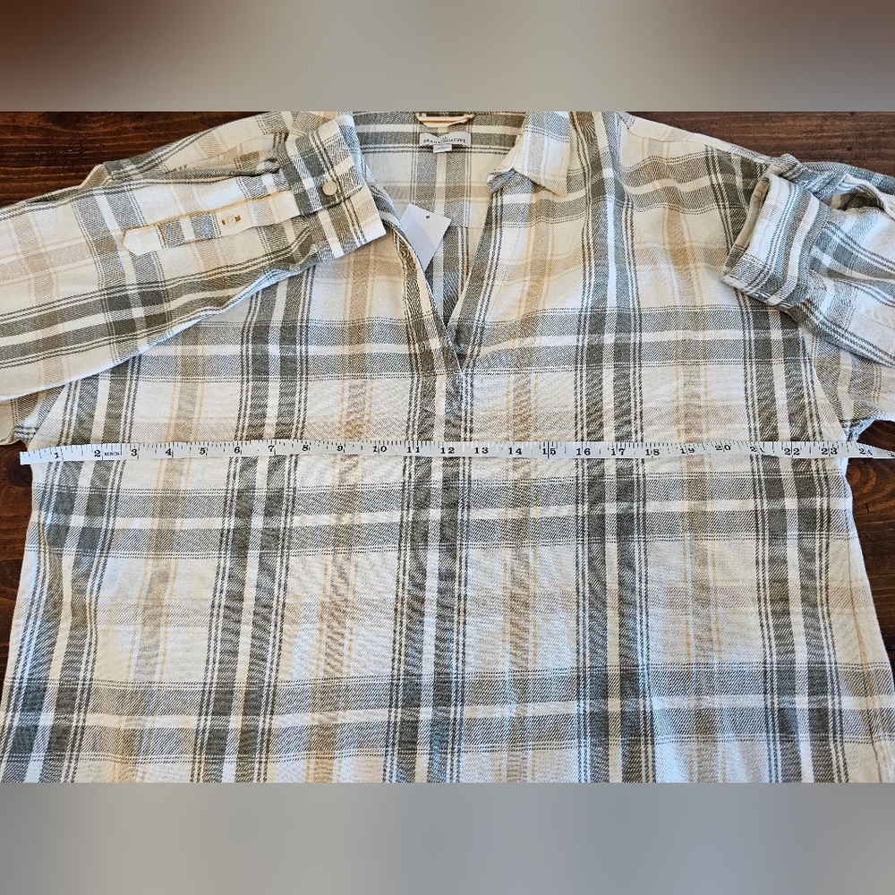 L.L. Bean Plaid Beige/Green Hemp/Cotton Loose Fit Pullover Women's Sz Large NWT - Picture 9 of 9